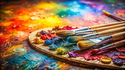 Obraz premium Vibrant Colors and Brushes in a Palette for Artistic Inspiration, Perfect for Creative Projects, Painting, and Design, showcasing a rich array of hues and tools for artistry and creativity.