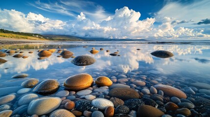 Smooth, Rounded Stones Submerged in Clear Coastal Water with Reflected Clouds and a Distant Shoreline