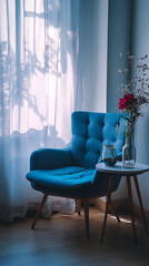 blue chair by the window with flowers in vase