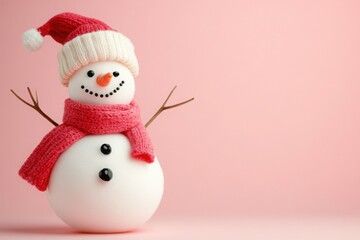 Cheerful Snowman with Hat and Scarf on Pink Background
