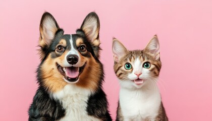 Playful Dog and Cat Together on Pink Background