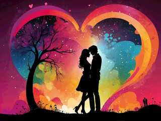 abstract Silhouette of young couple in love on creative colorful night background for Valentine Day celebration