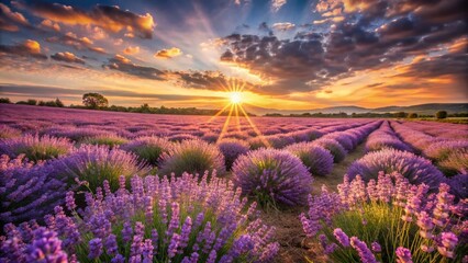Fototapeta premium Vintage Lavender Field at Sunset - Vibrant Purple Flowers Under a Beautiful Sky - Serene Landscape Photography
