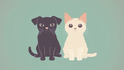 Obraz premium Cute Dog and Cat Sitting Together on Pastel Background