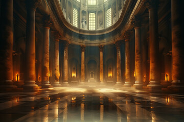 Obraz premium A Majestic and Atmospheric View Inside a Grand Historical Cathedral Illuminated by Soft Golden Light