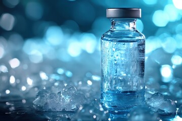 Glass Vial With Blue Liquid On Ice Surface Under Cool Lighting In Laboratory