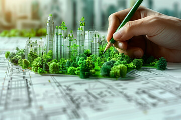 A conceptual image depicting urban planning and sustainable development with vivid greenery