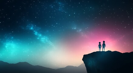 Fototapeta premium Two children are standing on a mountain top, looking up at the stars