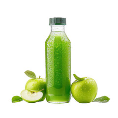Green apple juice bottle with fresh apples, white isolated background