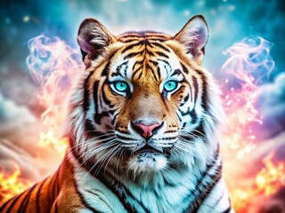 Obraz premium Vintage Style Photography of a Fiery Tiger with Glowing Blue Eyes – Ethereal Animal Concept, Light and Fire Fusion, Wildlife Art, Mystical Creatures, Enigmatic Portraits