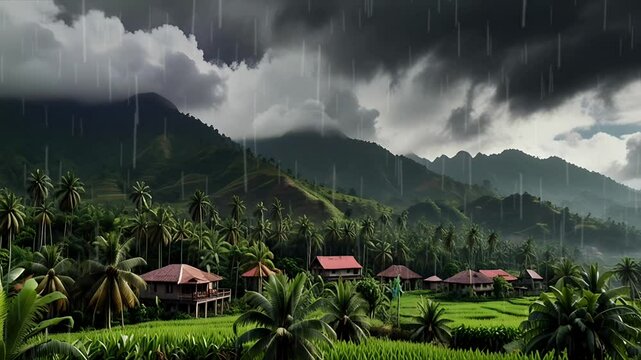 Rural view under the mountain during heavy rain with aerial view. Seamless 4K looping timelapse video animation background