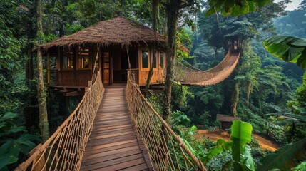 Wooden Treehouse Connected by a Rope Bridge in a Lush Tropical Rainforest