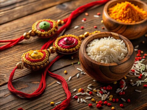 Vintage Style Photography of Rakhi with Roli and Rice on Table for Celebrating Raksha Bandhan, Traditional Indian Festival, Festive Decor, Cultural Heritage, Handcrafted, Family Bonding