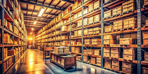 Vintage Style Storage Facility with Organized Boxes, Showcasing Security and Efficiency in a Modern Warehouse Environment