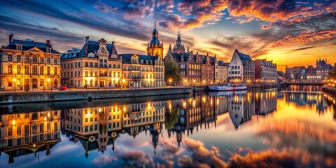 Vintage Twilight Urban Reflection: Scenic Cityscape with Buildings Mirrored in Water at Dusk for Atmospheric Photography