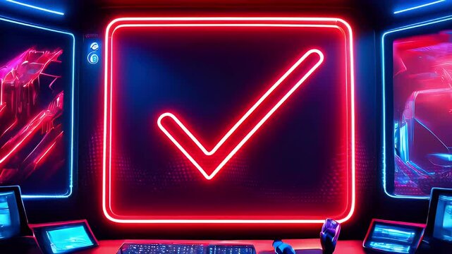 Neon checkmark sign illuminated in red in a gamer's room with two computers and a keyboard.
