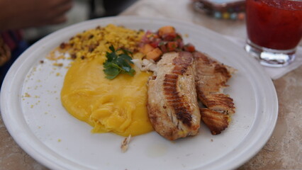 Grilled fish with mashed potatoes gourmet fine dish