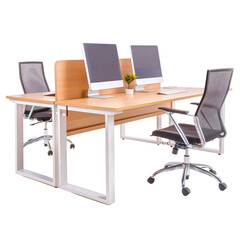 Naklejka premium Modern office desk setup with computers and chairs, white background