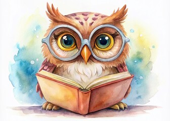 Watercolor Cute Owl with Glasses Reading a Book - Adorable Animal Illustration Perfect for Children's Decor and Book Lovers