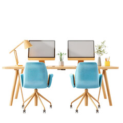 Modern office workspace with double monitors and blue chairs.