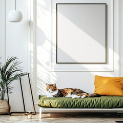 Fototapeta na wymiar cozy living room interior with cat and white frame