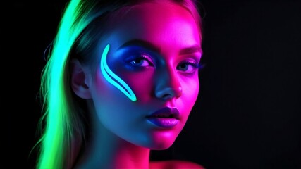 Obraz premium Portrait of a woman with makeup in fluorescent light.