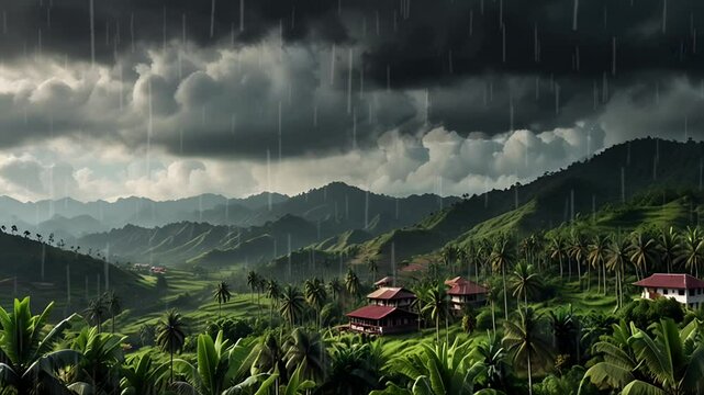 Rural view under the mountain during heavy rain with aerial view. Seamless 4K looping timelapse video animation background