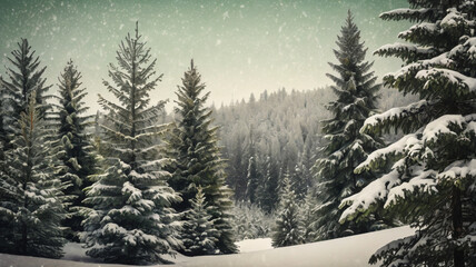 Fototapeta premium snow-covered pine trees create a serene landscape, with soft snowflakes gently falling, wrapping the forest in a peaceful hush.