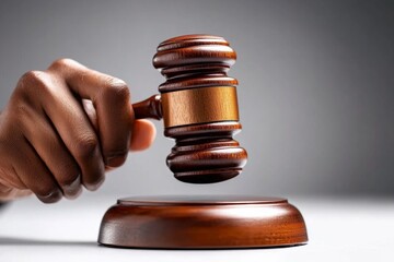 2D illustration of a gavel raised in a judgeâ€™s hand on a white background, capturing the clear and authoritative symbol of judicial decisions, symbolizing order and clarity