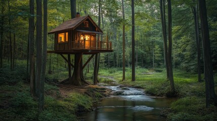 Illuminated Treehouse in a Lush Woodland Setting