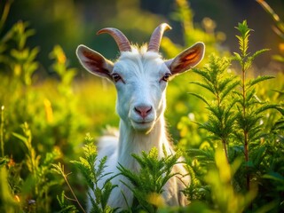 Obraz premium White Goat Camouflaged in Nature's Weeds - Captivating Candid Photography of a Goat in its Natural Habitat, Perfect for Nature Lovers and Wildlife Enthusiasts