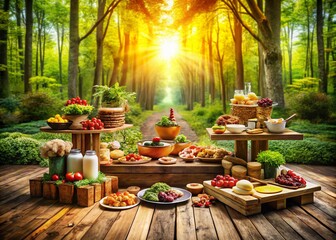 Wooden Podium Surrounded by Lush Forest with Delicious Food Spread for Nature-Inspired Culinary Photography, Organic Ingredients, Rustic Presentation, and Vibrant Colors
