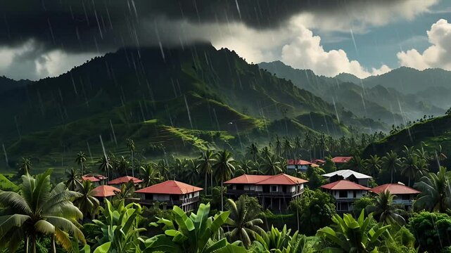 Rural view under the mountain during heavy rain with aerial view. Seamless 4K looping timelapse video animation background