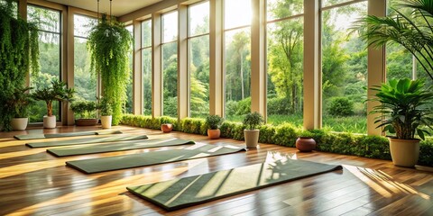 Fototapeta premium Yoga Mats in a Serene Space with Plants - Tranquil Indoor Fitness Environment for Mindfulness, Wellness, and Relaxation