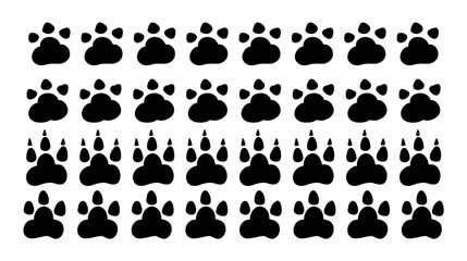 Cat or dog paws seamless divider. Cute animal border. Collection pets footprints frame. Black silhouette simple foot trail print set. Cartoon flat doodle hand drawn vector illustration isolated 
