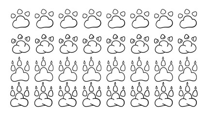 Obraz premium Cat or dog paws seamless divider. Cute animal border. Collection pets footprints frame. Outline hand drawing simple foot trail print set. Cartoon flat doodle hand drawn vector illustration isolated 