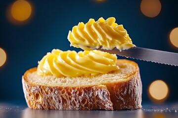 Close-up of butter spreading smoothly over toasted bread with a knife, capturing the satisfying and textured look of a breakfast spread, symbolizing simplicity and comfort