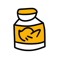 Canned cat food. Vitamins in jar for pet. Home animals veterinary meal. Feline vet conserve cans. Kitten snack packaging. Hand drawing cartoon line flat vector illustration isolated on white