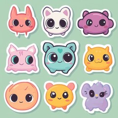 Adorable Kawaii Animal Stickers: Nine charming, cartoonish creatures in pastel colors, perfect for crafting, scrapbooking, or digital projects.  Each sticker features big.