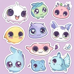 Fototapeta premium Adorable Kawaii Creatures Stickers Sheet: A collection of twelve charming, big-eyed kawaii characters, perfect for scrapbooking, journaling, or adding a touch of whimsy to any project.