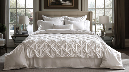 luxurious white bed with tufted bedding in modern bedroom interior