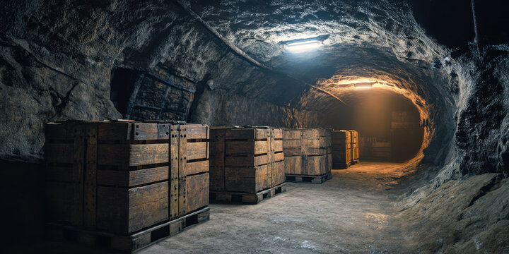Dark underground mine tunnel with wooden crates stacked along walls, illuminated by overhead lights, creating mysterious and industrial atmosphere