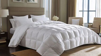 white down comforter on luxurious bed in modern bedroom