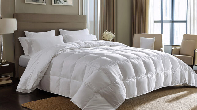 white down comforter on luxurious bed in modern bedroom