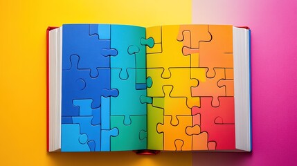 Vibrant puzzle elements creatively arranged to form the shape of an open book or monitor, symbolizing the versatility of knowledge. Each piece is designed in bright colors, 