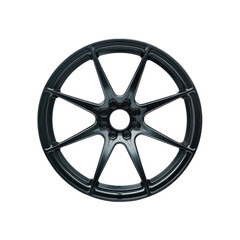 Sporty black alloy wheel with a sleek design, white isolate background.