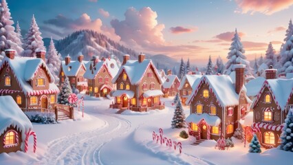 Whimsical Gingerbread Village in a Snowy Winter Wonderland at Sunset