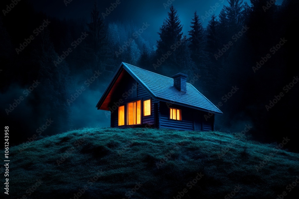 Poster abandoned cabin in the woods with broken windows and dim light, surrounded by mist, capturing the is