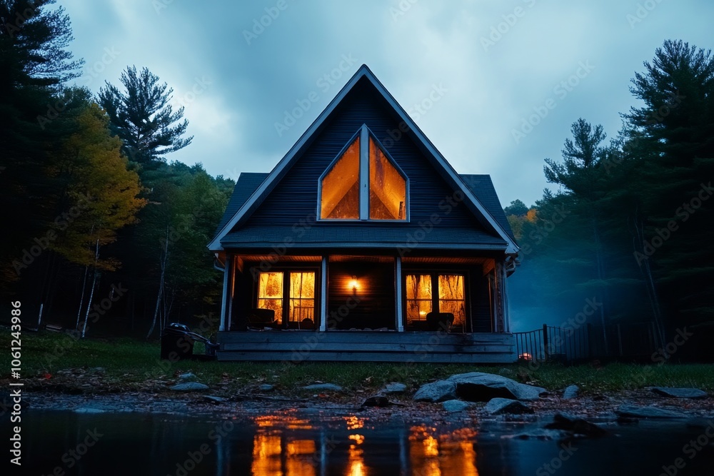 Poster abandoned cabin in the woods with broken windows and dim light, surrounded by mist, capturing the is