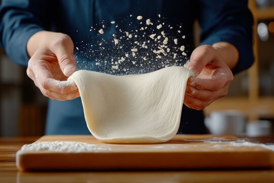 Hands squeezing dough as it stretches, capturing the tactile and interactive feel of baking preparation, symbolizing creativity and process